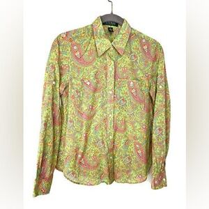 Lauren Ralph Lauren Cotton Green/Pink Paisley Button-Down Blouse